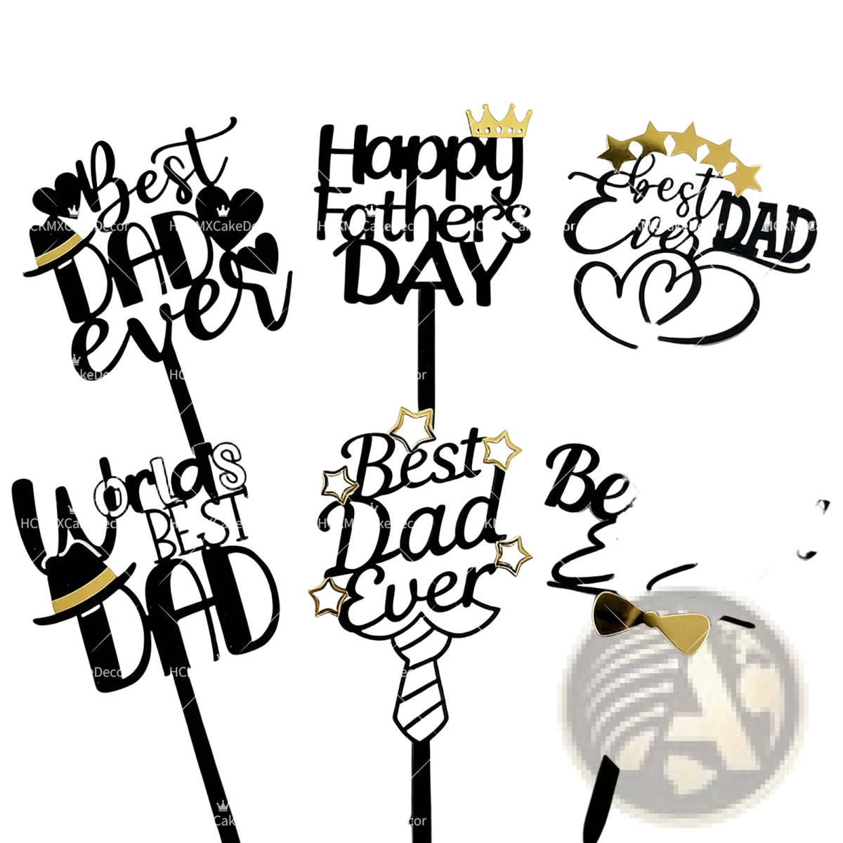 Black and gold father’s day acrylic cake topper set featuring best dad ever text with crowns stars ties and bowties