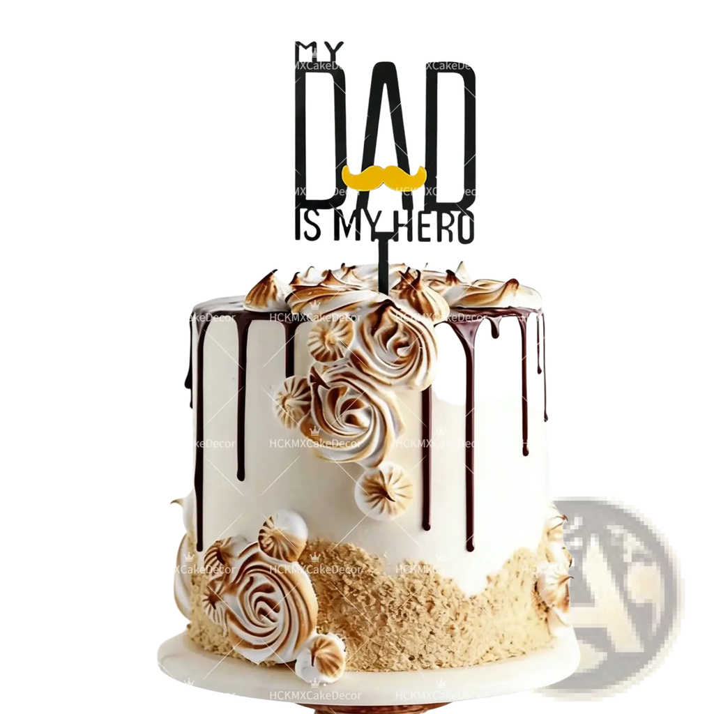 White acrylic father’s day cake topper with black my dad is my hero text and yellow mustache on decorated cake
