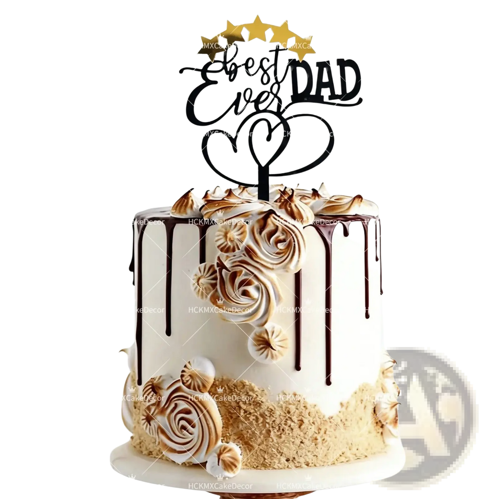 A white chocolate drip cake with toasted meringue roses and a black best ever dad acrylic cake topper set with gold stars