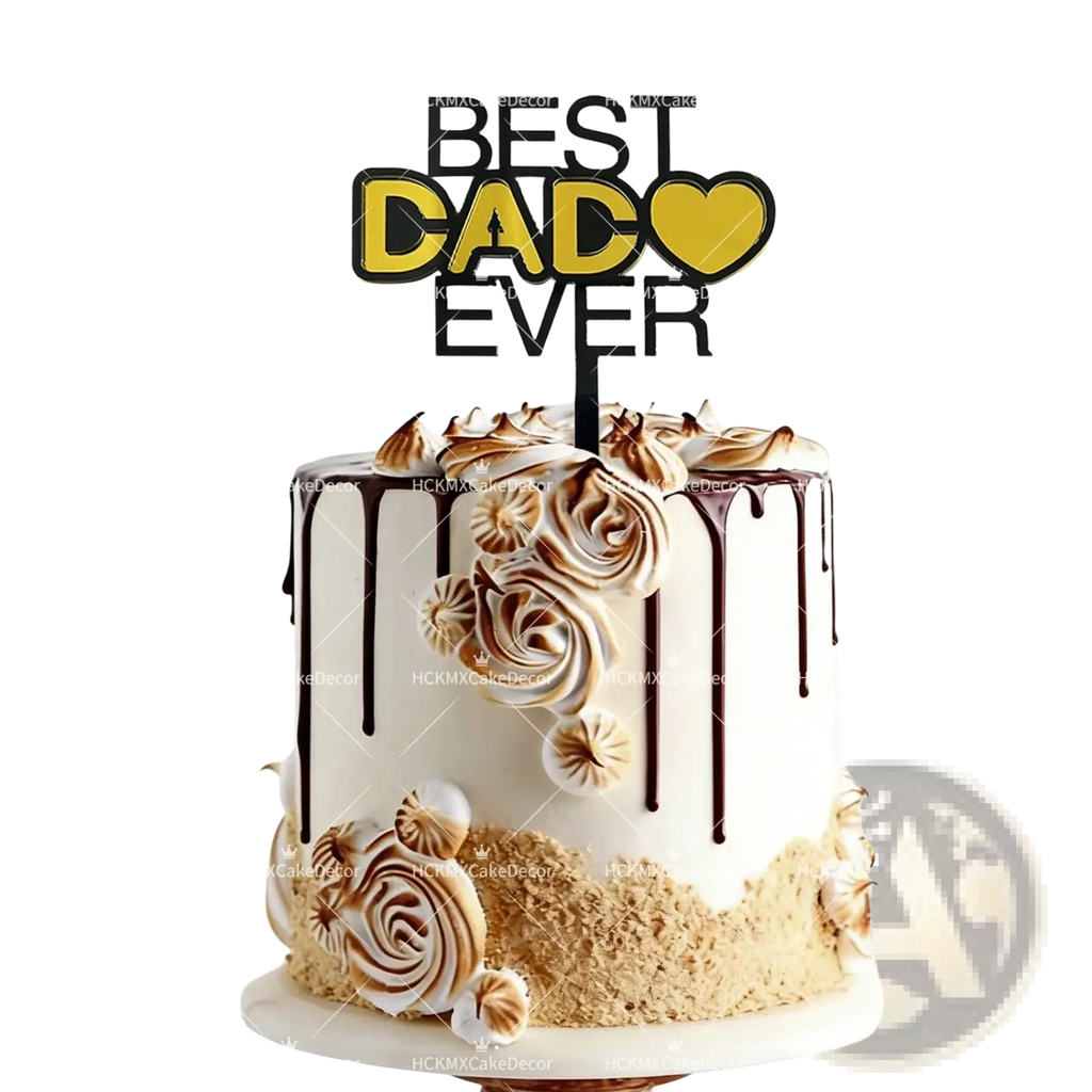 A white chocolate drip cake with toasted meringue rosettes topped with a black and yellow fathers day acrylic cake topper