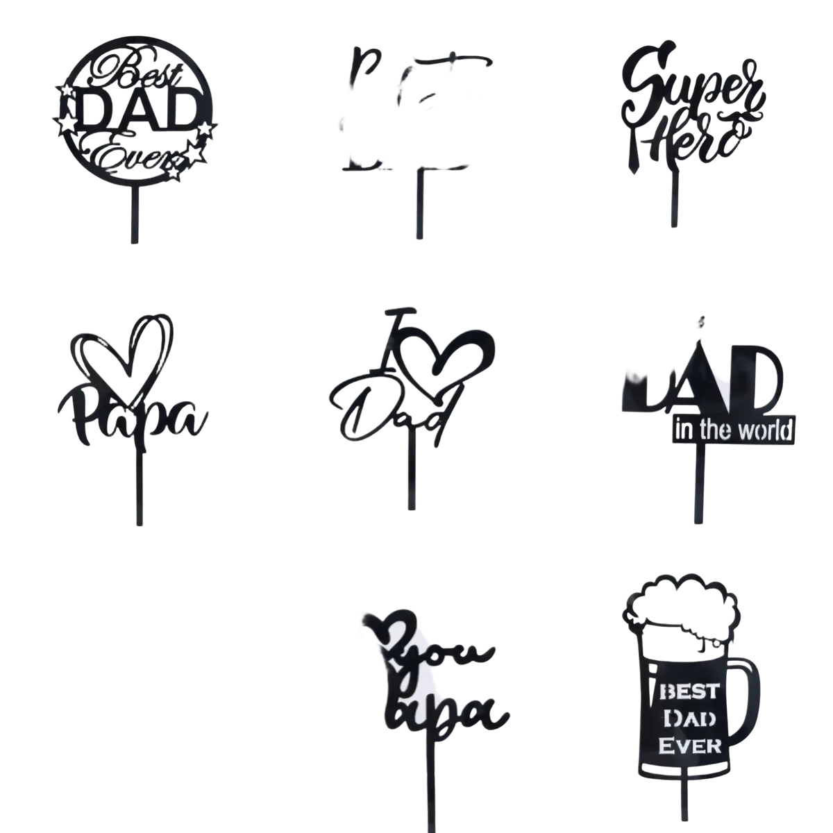 Black acrylic father’s day cake toppers featuring designs like best dad ever superhero and beer mug for celebrations