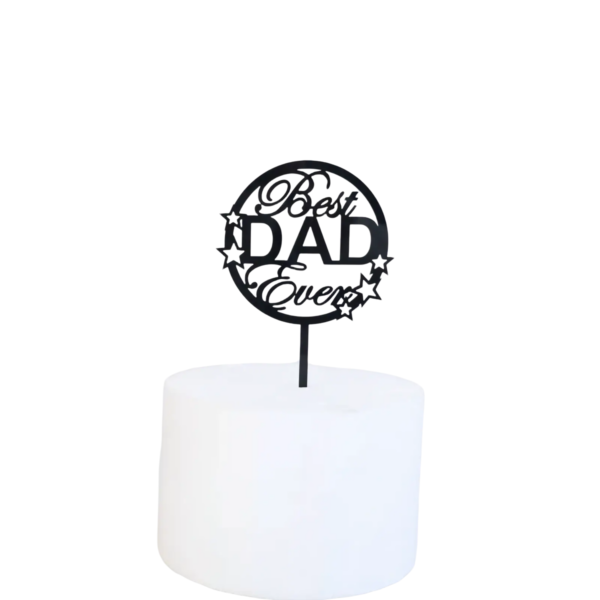 Black best dad ever acrylic cake topper with star accents designed for father’s day celebration cakes