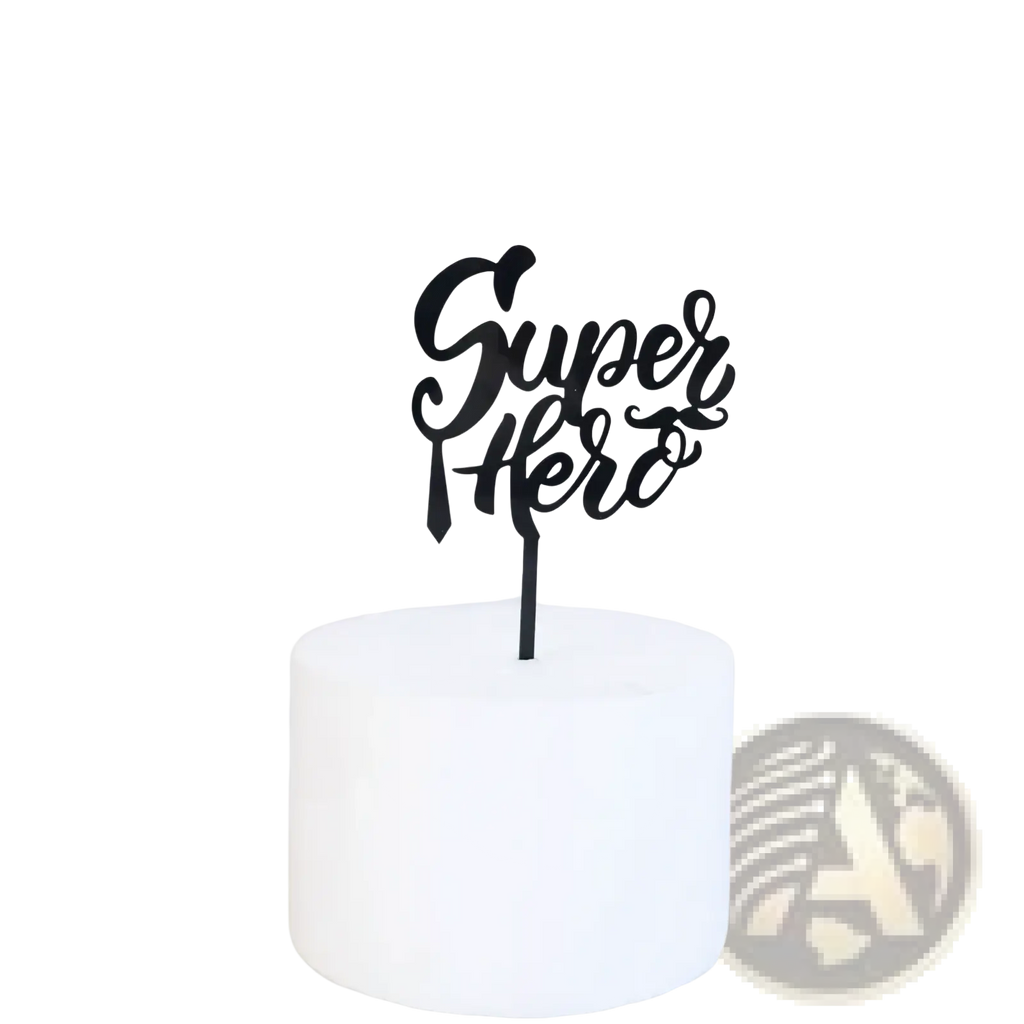 Black acrylic father’s day cake topper with sleek modern design and elegant cursive super dad script