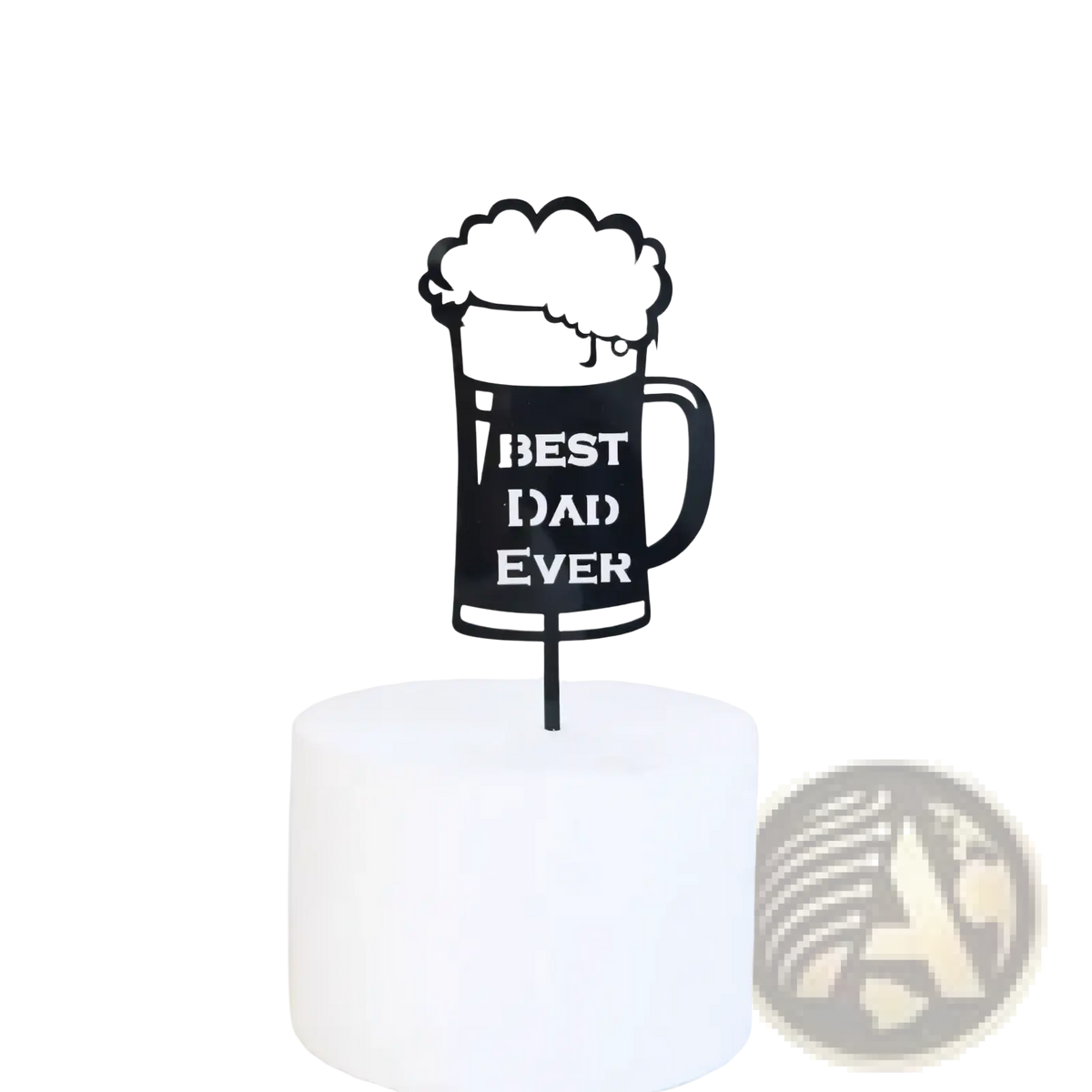 Black metal acrylic cake topper shaped like a beer mug with frothy foam and white text best dad ever for father’s day