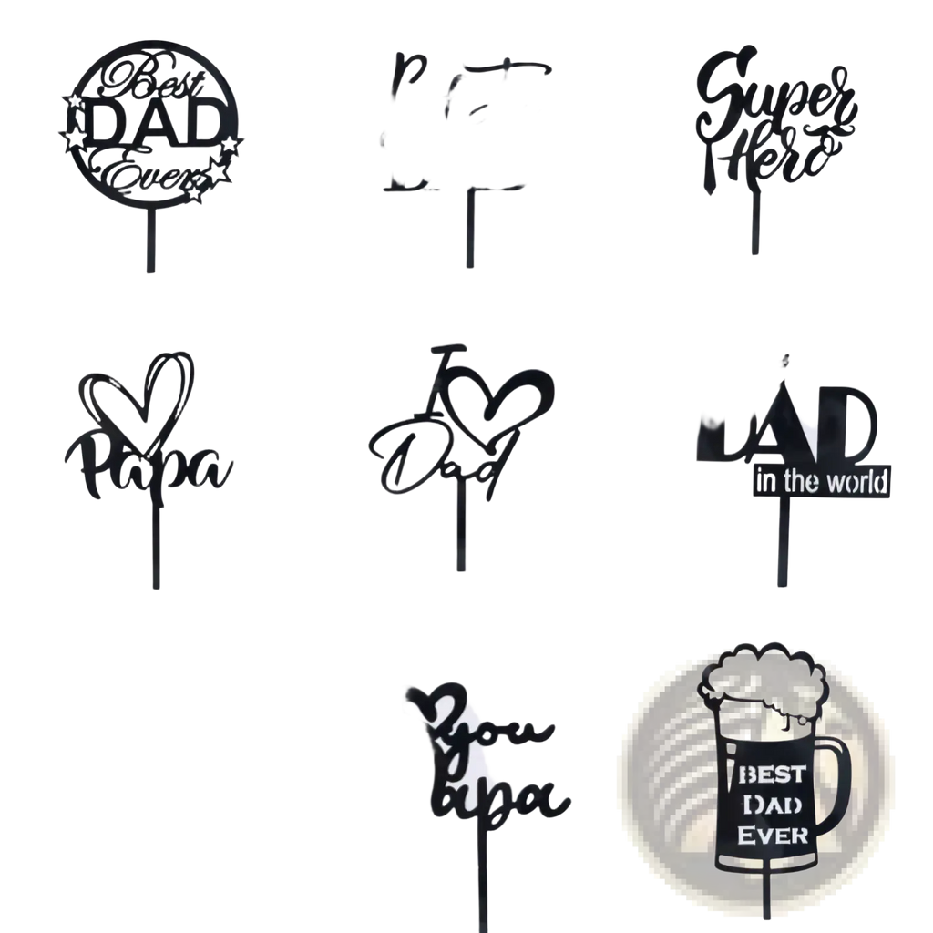 Black acrylic father’s day cake toppers featuring designs like best dad ever superhero and beer mug for celebrations