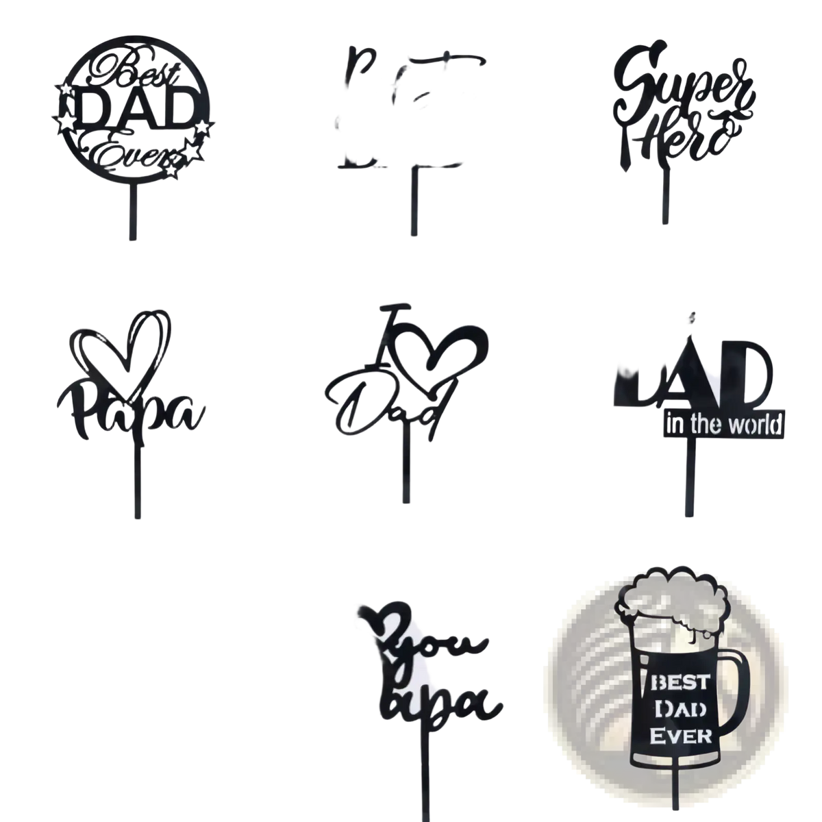 Black acrylic father’s day cake toppers featuring designs like best dad ever superhero and beer mug for celebrations
