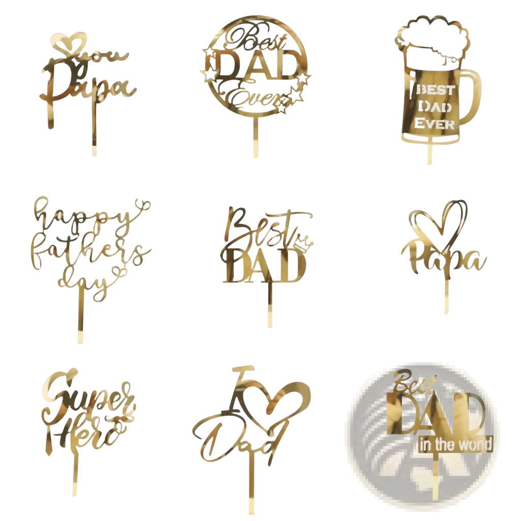 Gold-colored laser-cut acrylic father’s day cake toppers with best dad ever and happy fathers day phrases for celebration