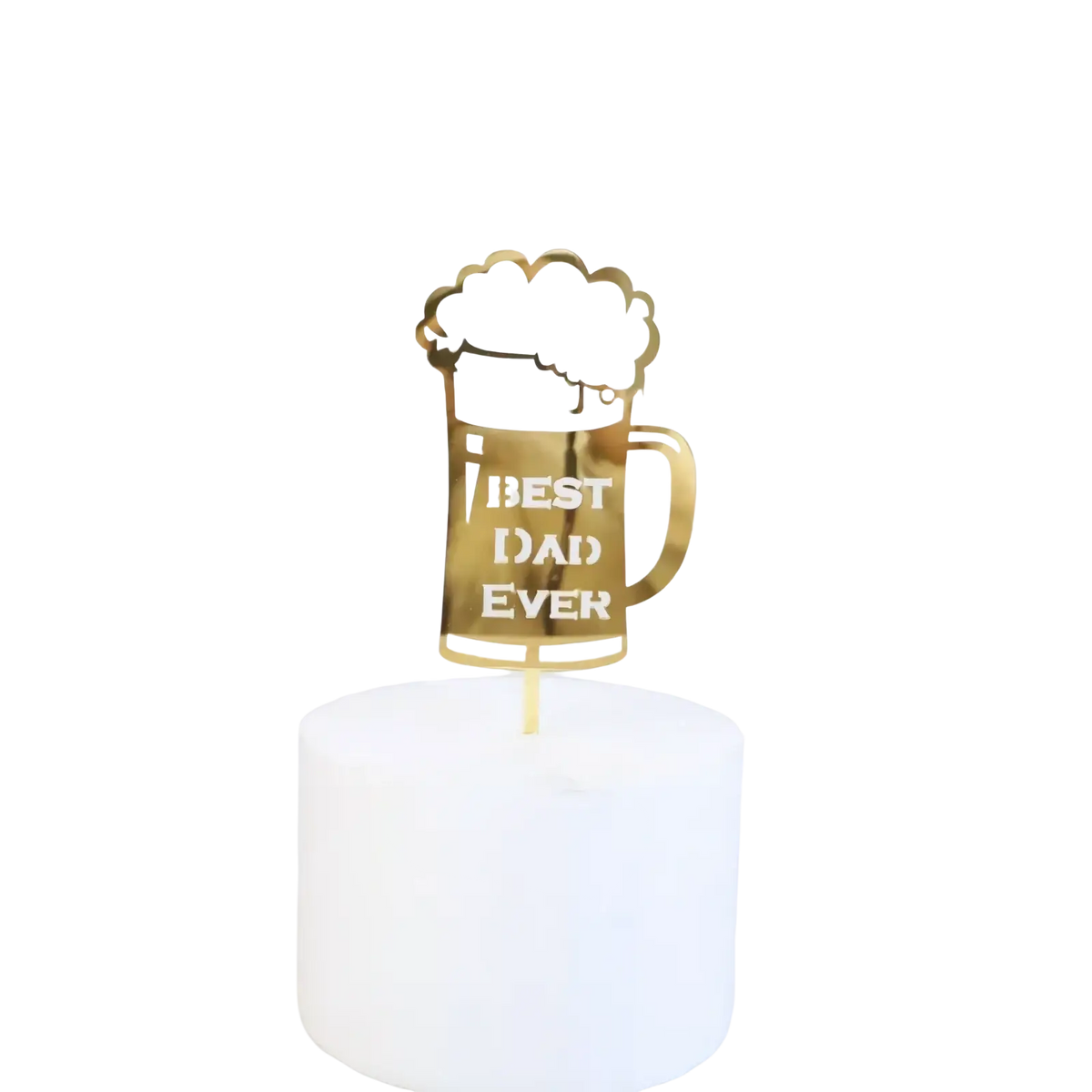 Gold-colored metallic beer mug acrylic cake topper with frothy foam and best dad ever text for father’s day