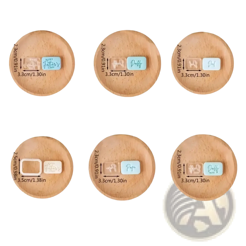 Light blue rectangular silicone fathers day cookie cutter and fondant stamp with happy fathers day and daddy engravings in wooden trays