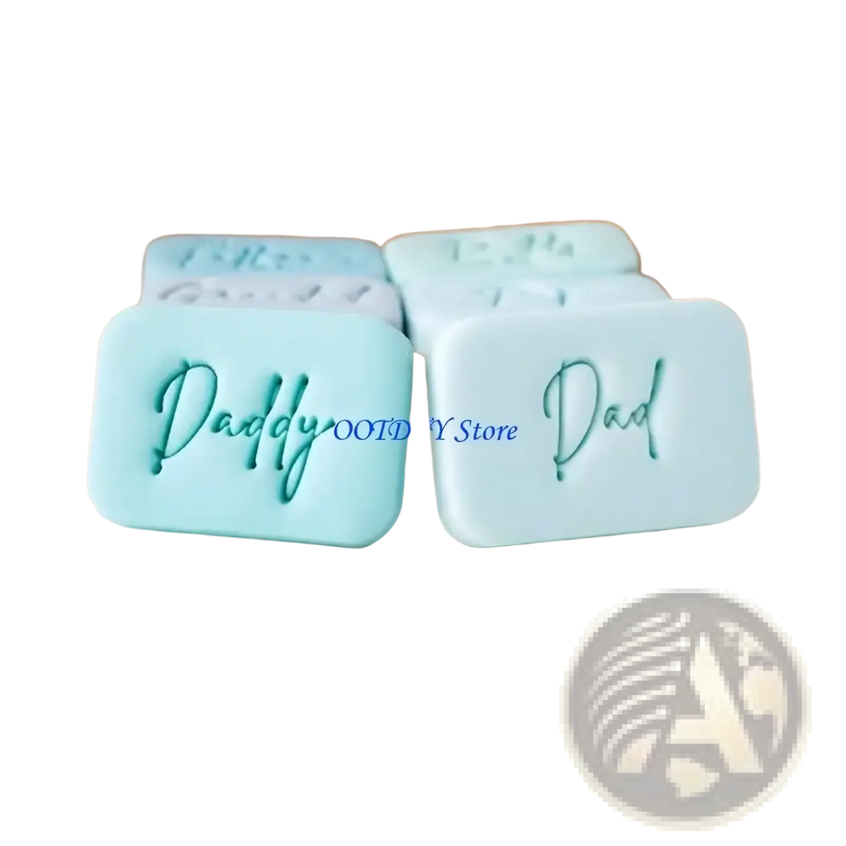 Light blue rectangular soap bars with engraved daddy and dad cursive text for father’s day cookie cutter and fondant stamp