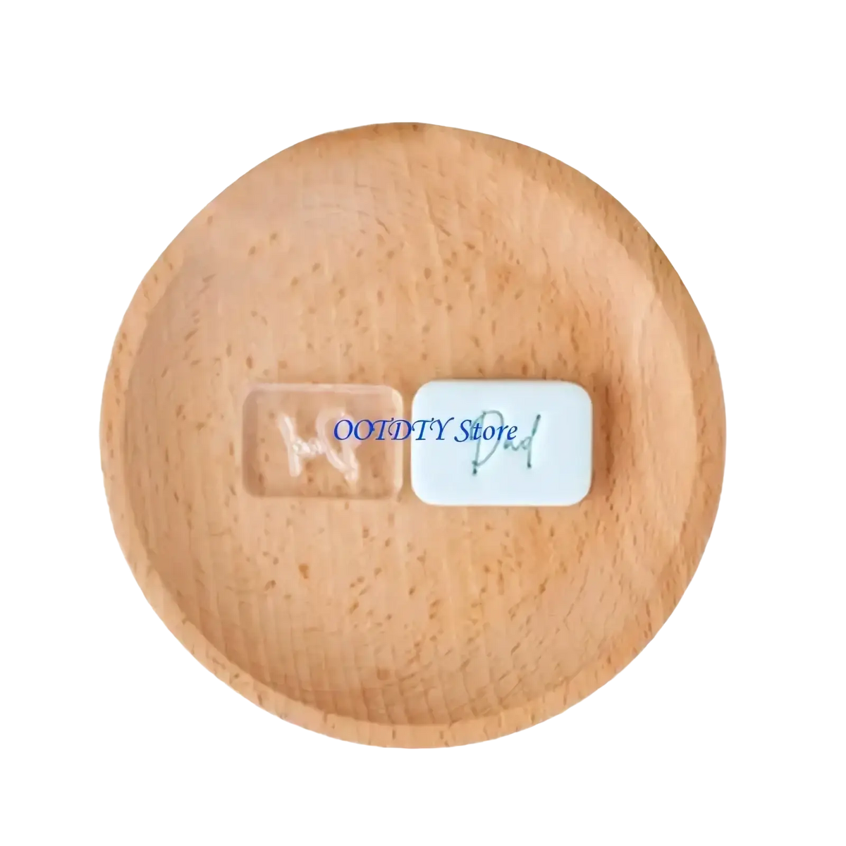 Two rectangular soap bars in a wooden bowl featuring a white butterfly and a light blue dad engraving for father’s day