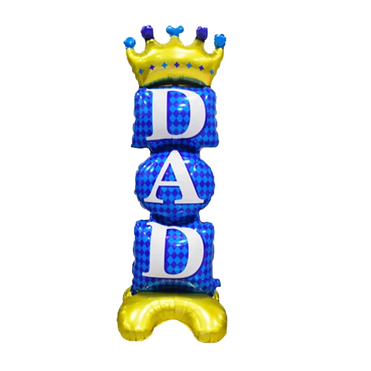 Blue and gold foil balloon shaped like the word dad with a crown for Father’s Day decoration