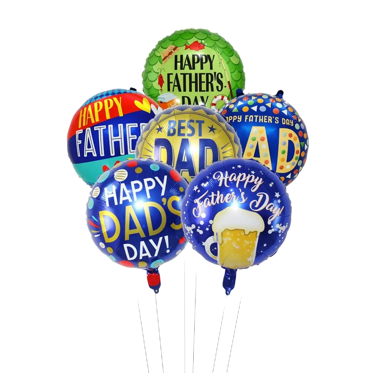 A collection of colorful shiny metallic foil balloons with Father’s Day crown dad designs and messages