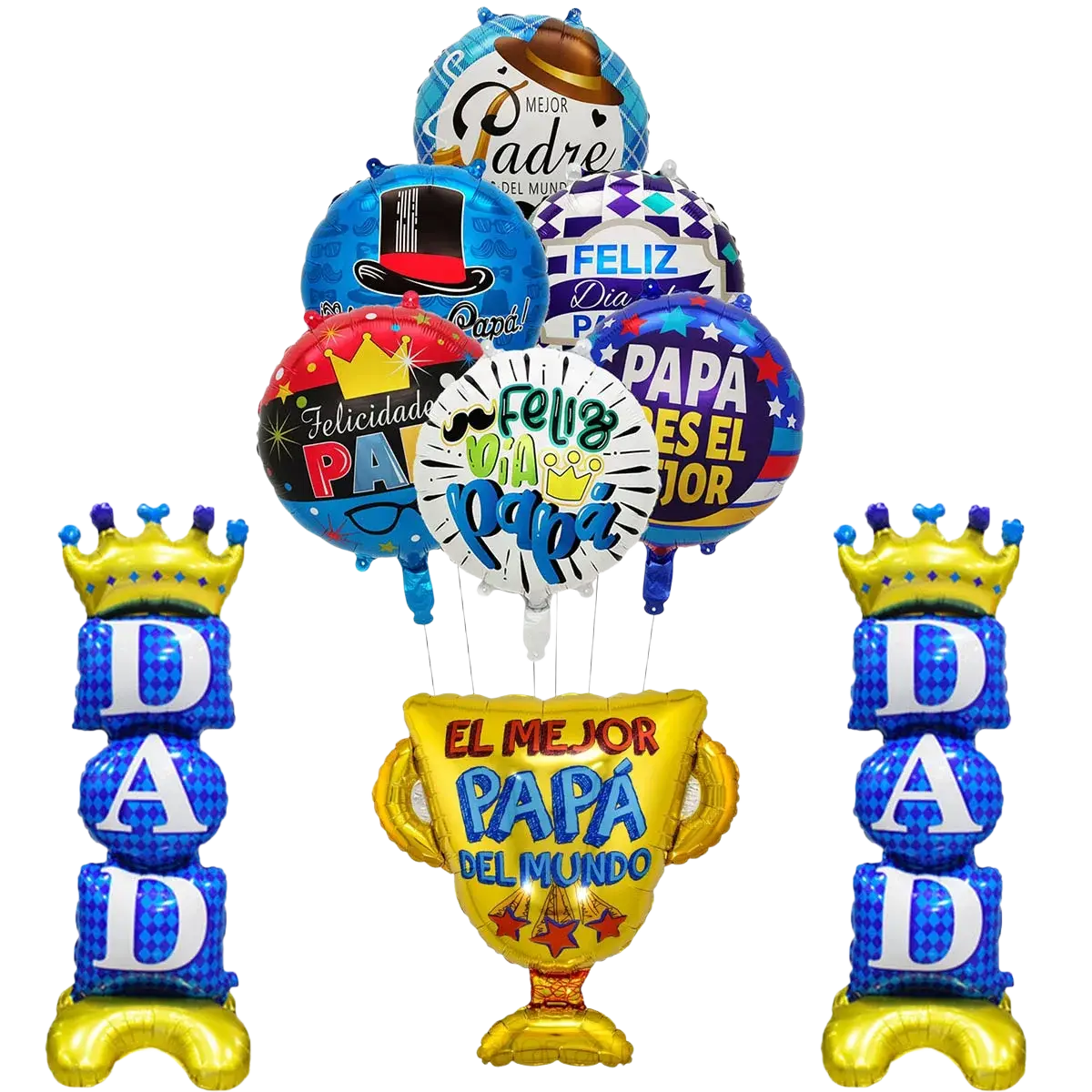 Golden foil fathers day crown dad balloon with blue and red el mejor papá del mundo lettering in festive arrangement