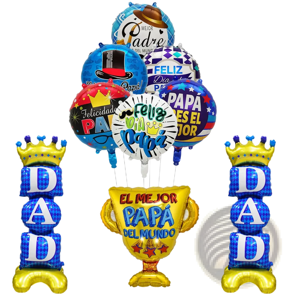 Golden foil fathers day crown dad balloon with blue and red el mejor papá del mundo lettering in festive arrangement