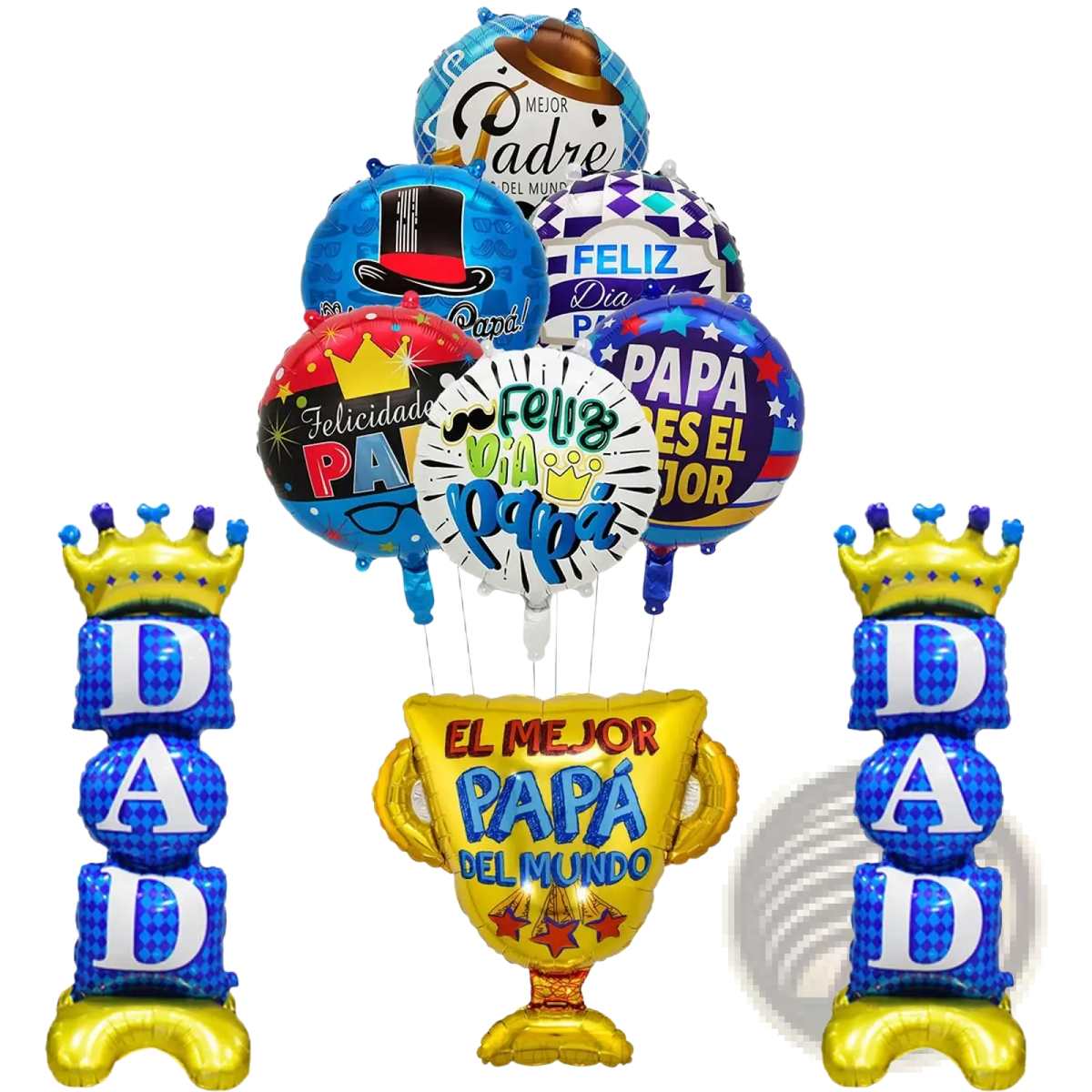 Golden foil fathers day crown dad balloon with blue and red el mejor papá del mundo lettering in festive arrangement