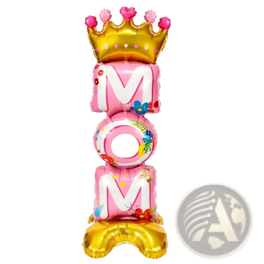 Pink and gold mom balloon centerpiece with floral accents and crown on top for father’s day crown dad foil balloon product