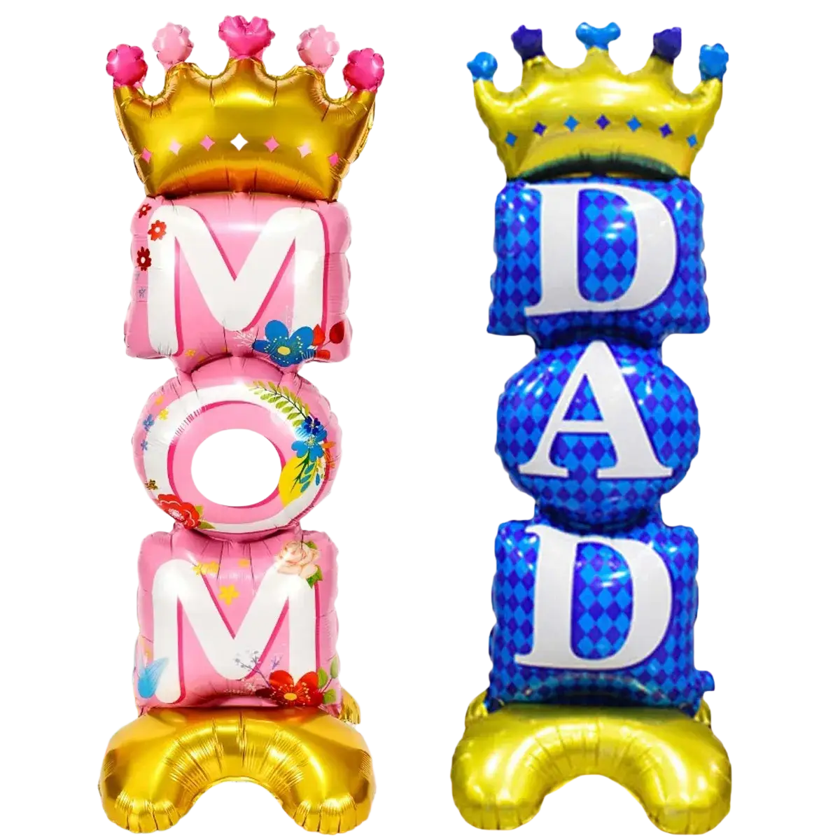 Father’s Day crown dad foil balloon letters in pink floral mom and blue diamond dad with gold foil bases