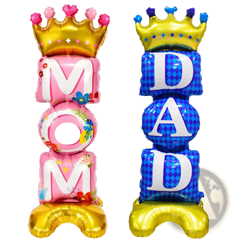 Father’s Day crown dad foil balloon letters in pink floral mom and blue diamond dad with gold foil bases