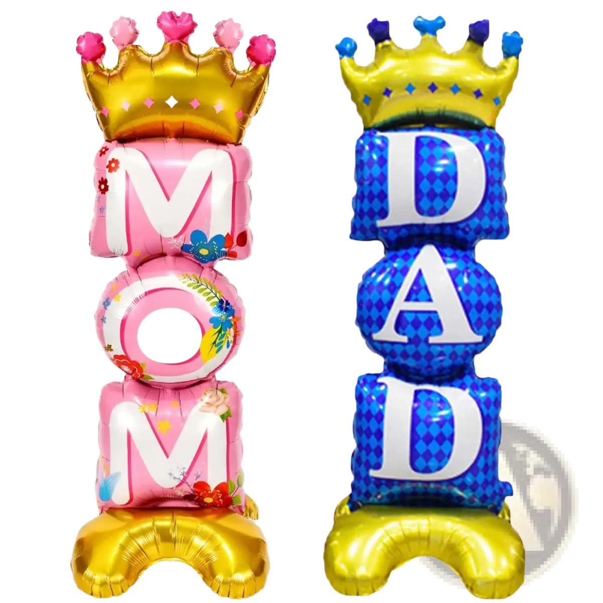 Father’s Day crown dad foil balloon letters in pink floral mom and blue diamond dad with gold foil bases