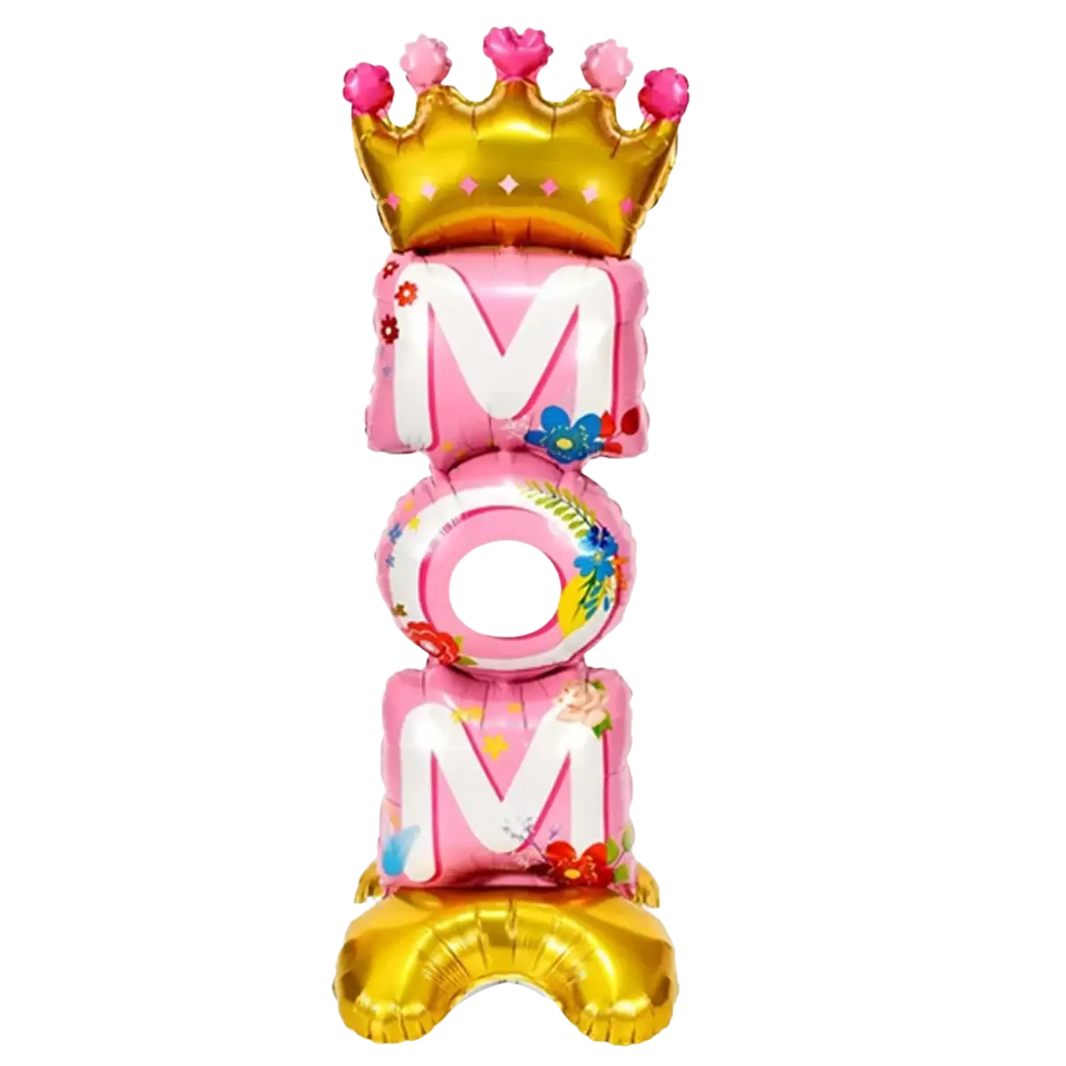 Pink and gold mom balloon centerpiece with floral accents and crown on top for father’s day crown dad foil balloon product