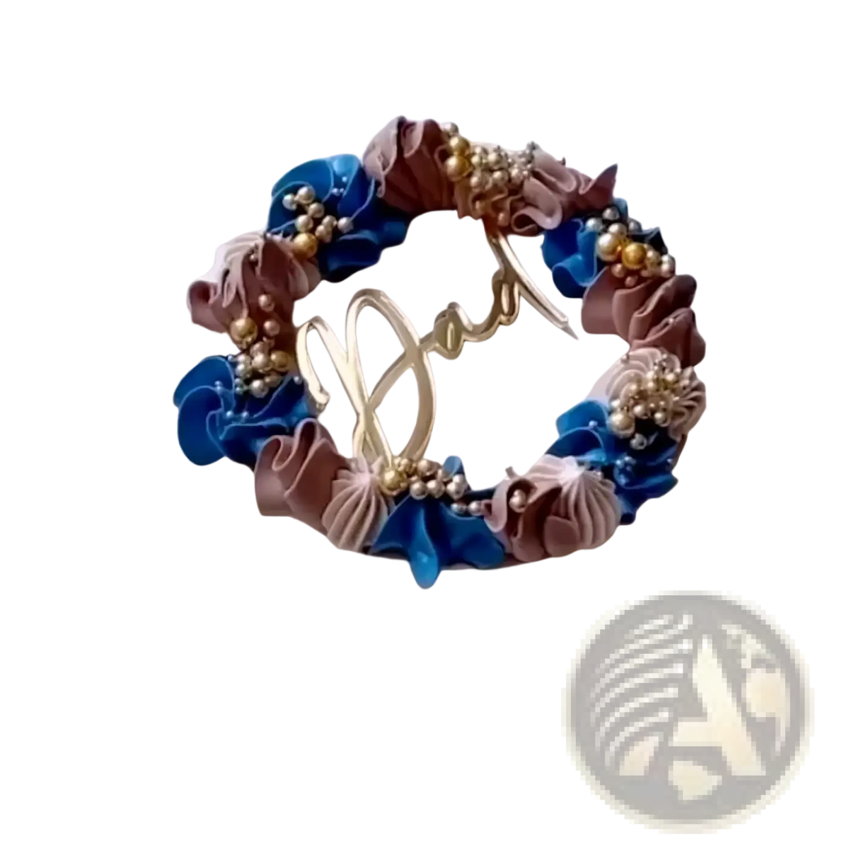 A delicate round Father’s Day dad cake topper in black and gold acrylic with blue mauve frosting flowers and gold beads