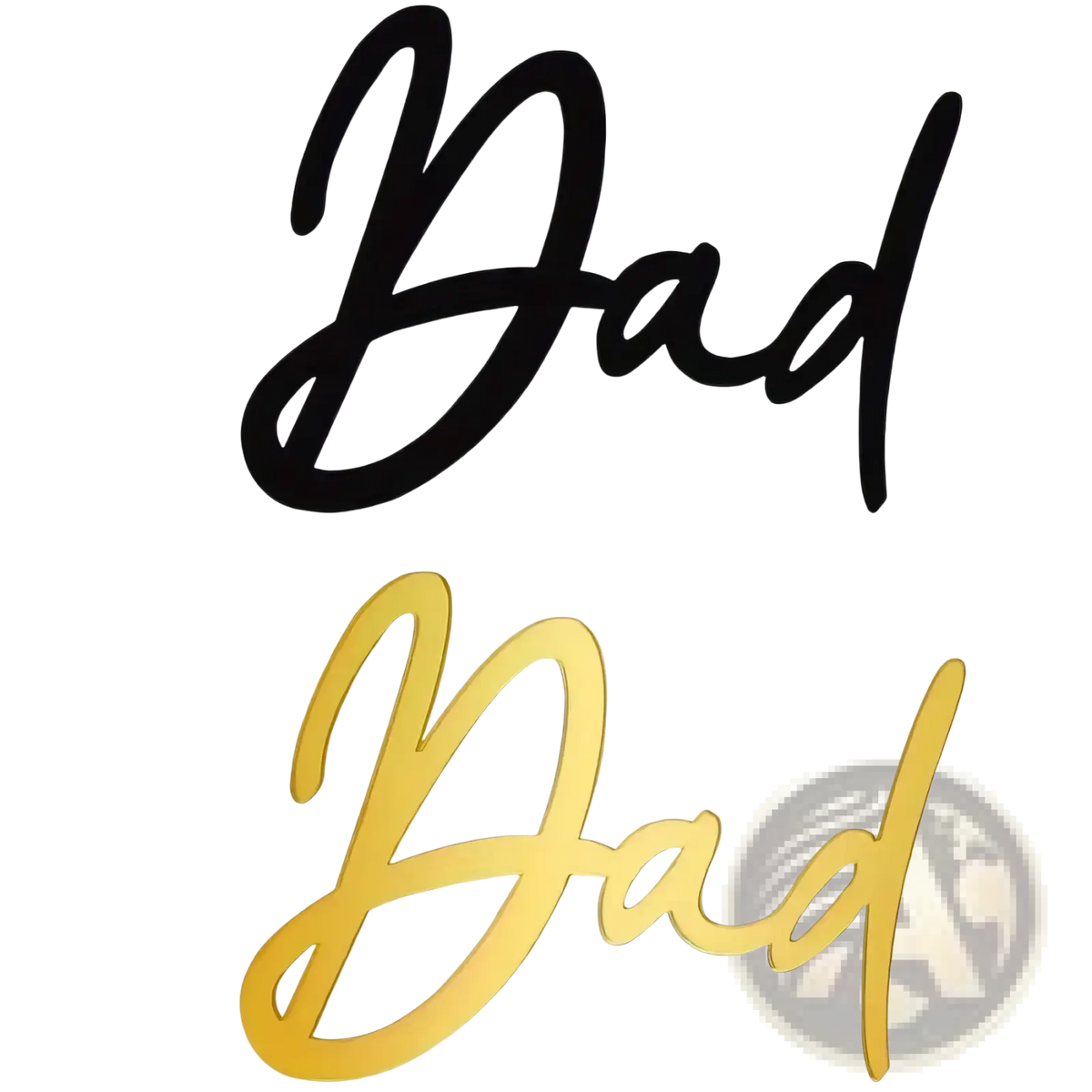 Father’s day dad cake topper in black and gold acrylic with elegant cursive script measuring 6.5cm by 5cm