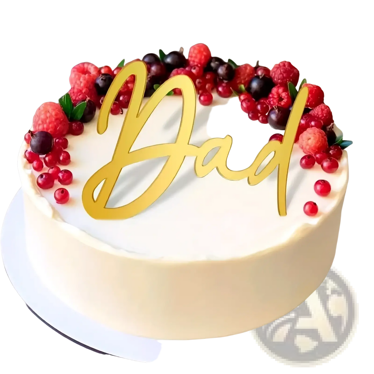 A golden dad cake topper with sleek cursive design made of acrylic on a white frosted cake with fresh berries