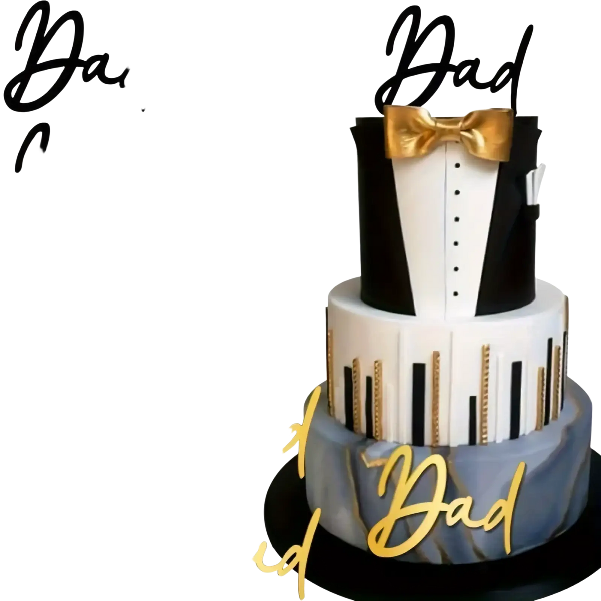 A three-tiered black and white fondant cake with gold tuxedo bow tie and dad acrylic toppers for Father’s Day