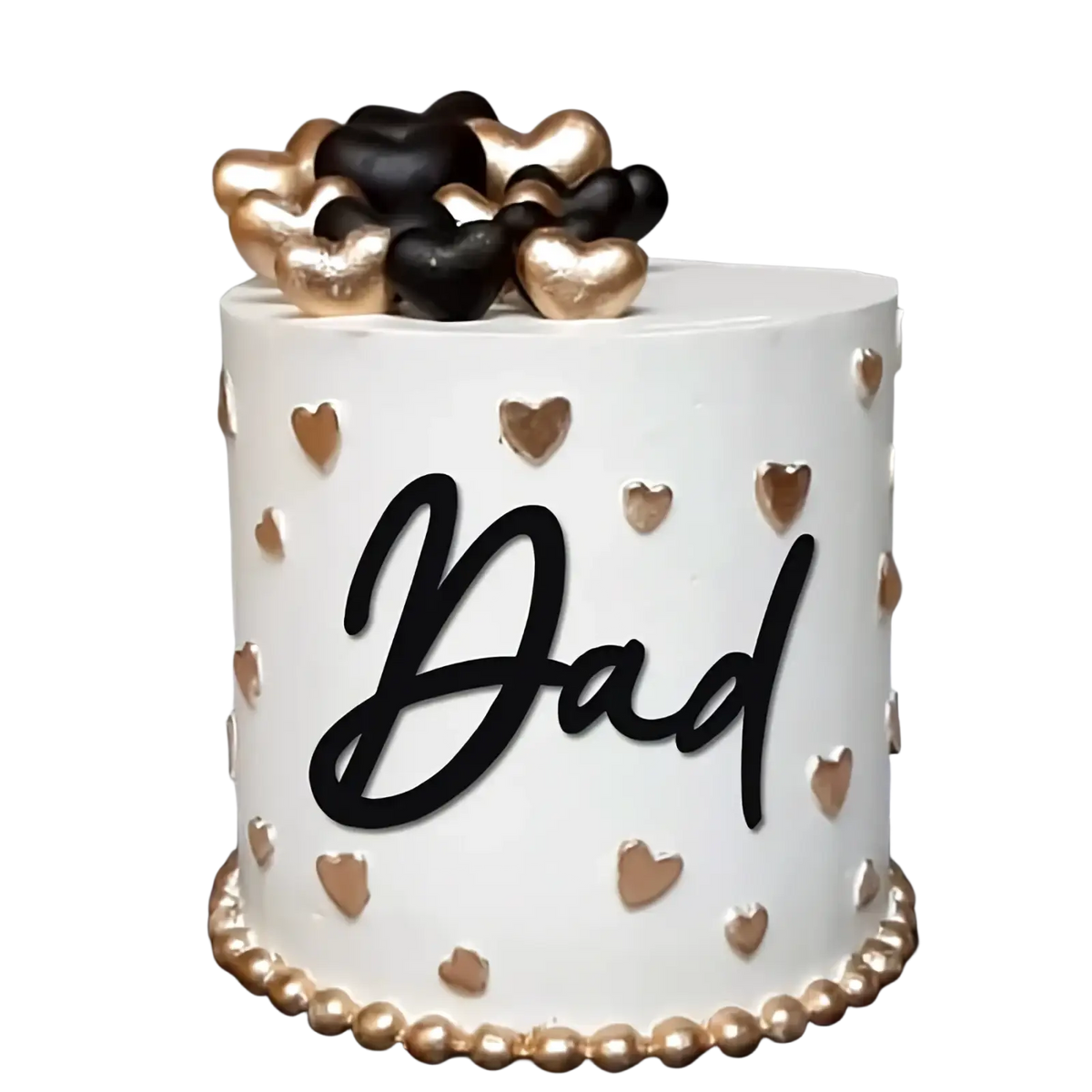Father’s day dad cake topper in black and gold acrylic on a white frosted cake with gold and black heart decorations