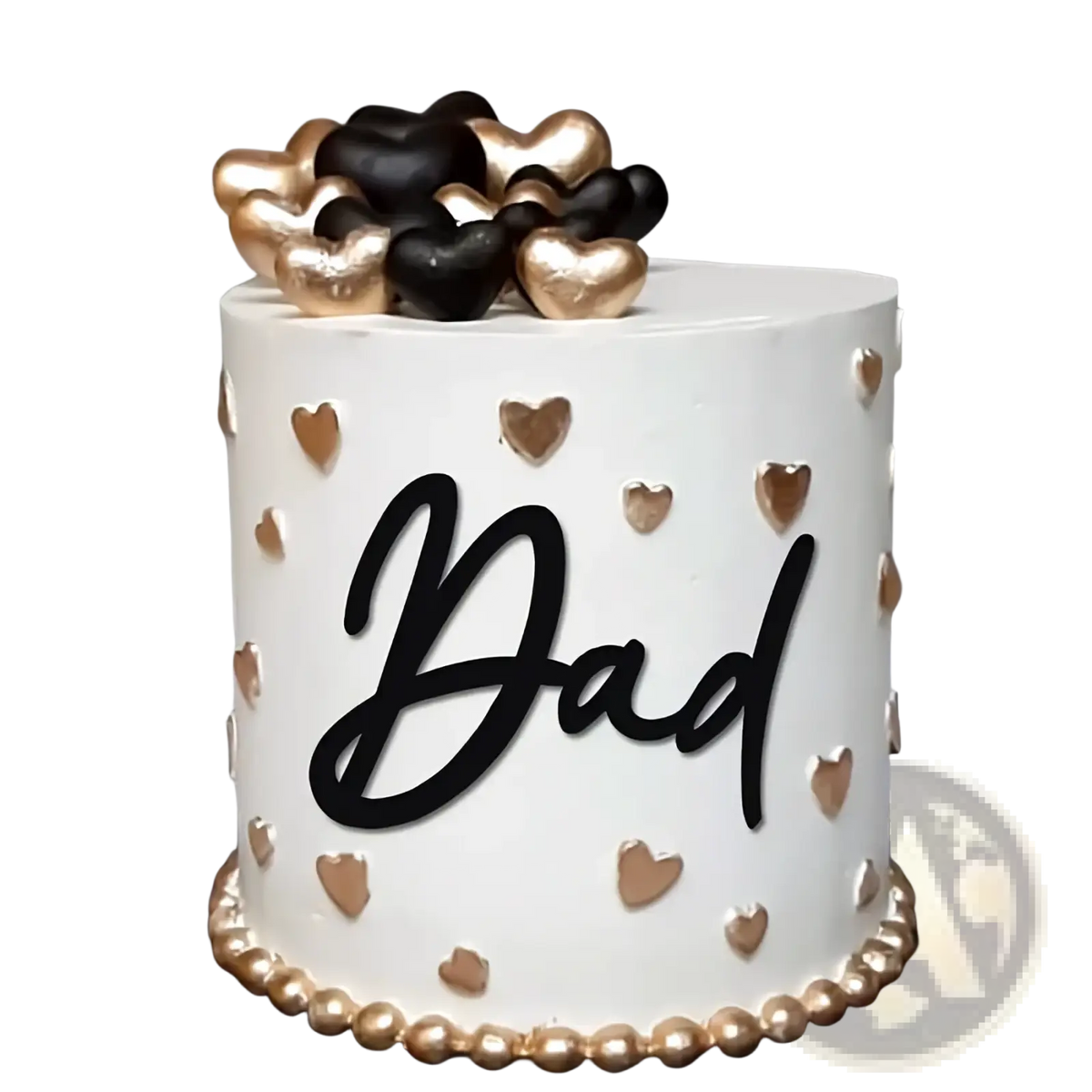 Father’s day dad cake topper in black and gold acrylic on a white frosted cake with gold and black heart decorations