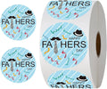 Light blue circular fathers day gift stickers roll with black text fedora hat and striped tie design