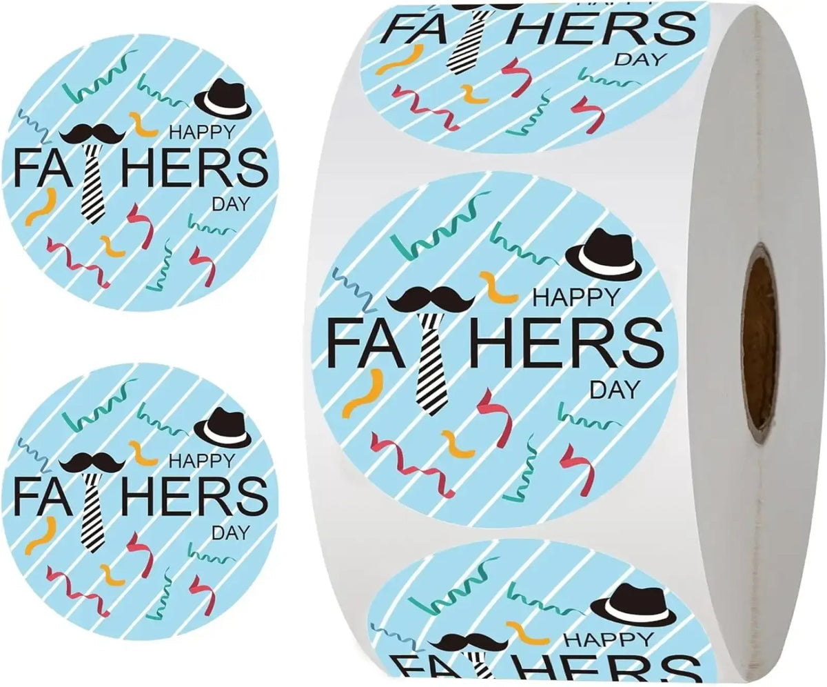 Light blue circular fathers day gift stickers roll with black text fedora hat and striped tie design