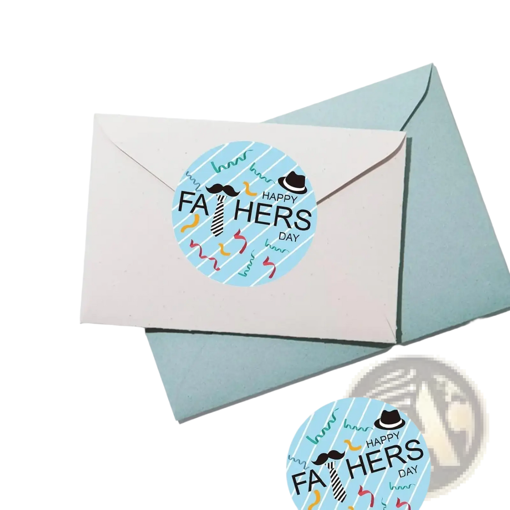Blue circular fathers day gift sticker with striped background mustache hat icons and happy fathers day text