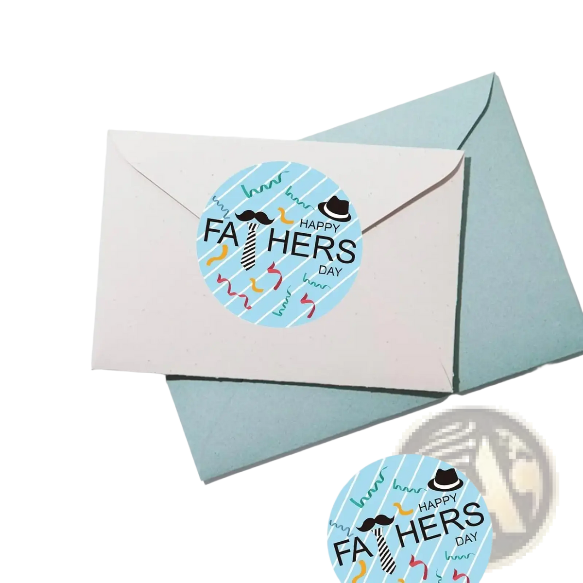 Blue circular fathers day gift sticker with striped background mustache hat icons and happy fathers day text
