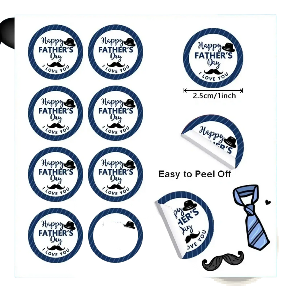 Blue and white striped circular fathers day gift stickers roll with black text top hat and mustache design