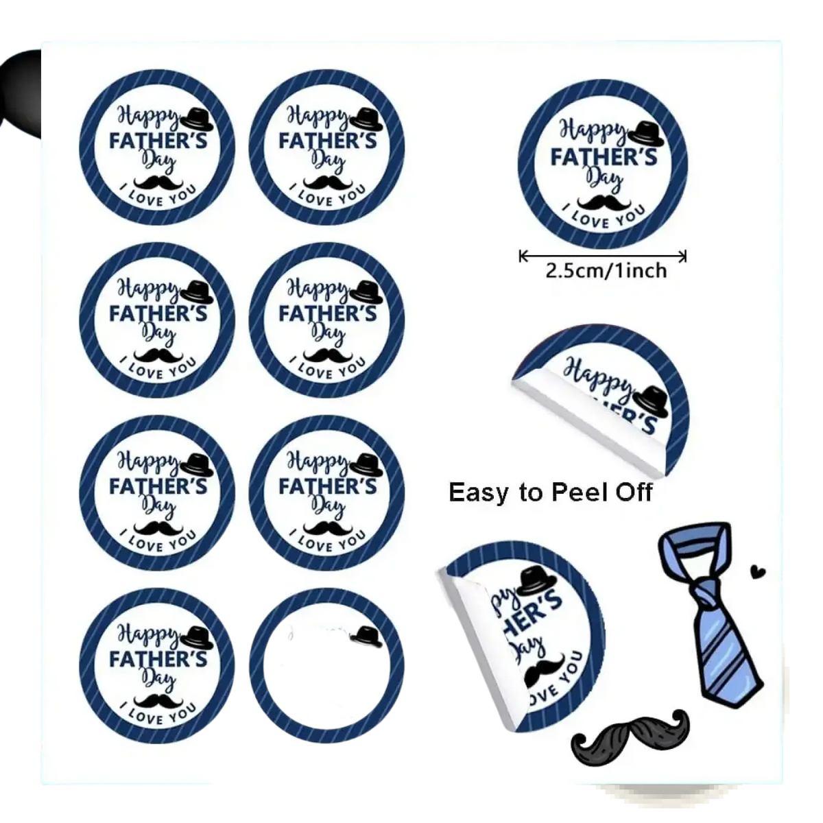 Blue and white striped circular fathers day gift stickers roll with black text top hat and mustache design