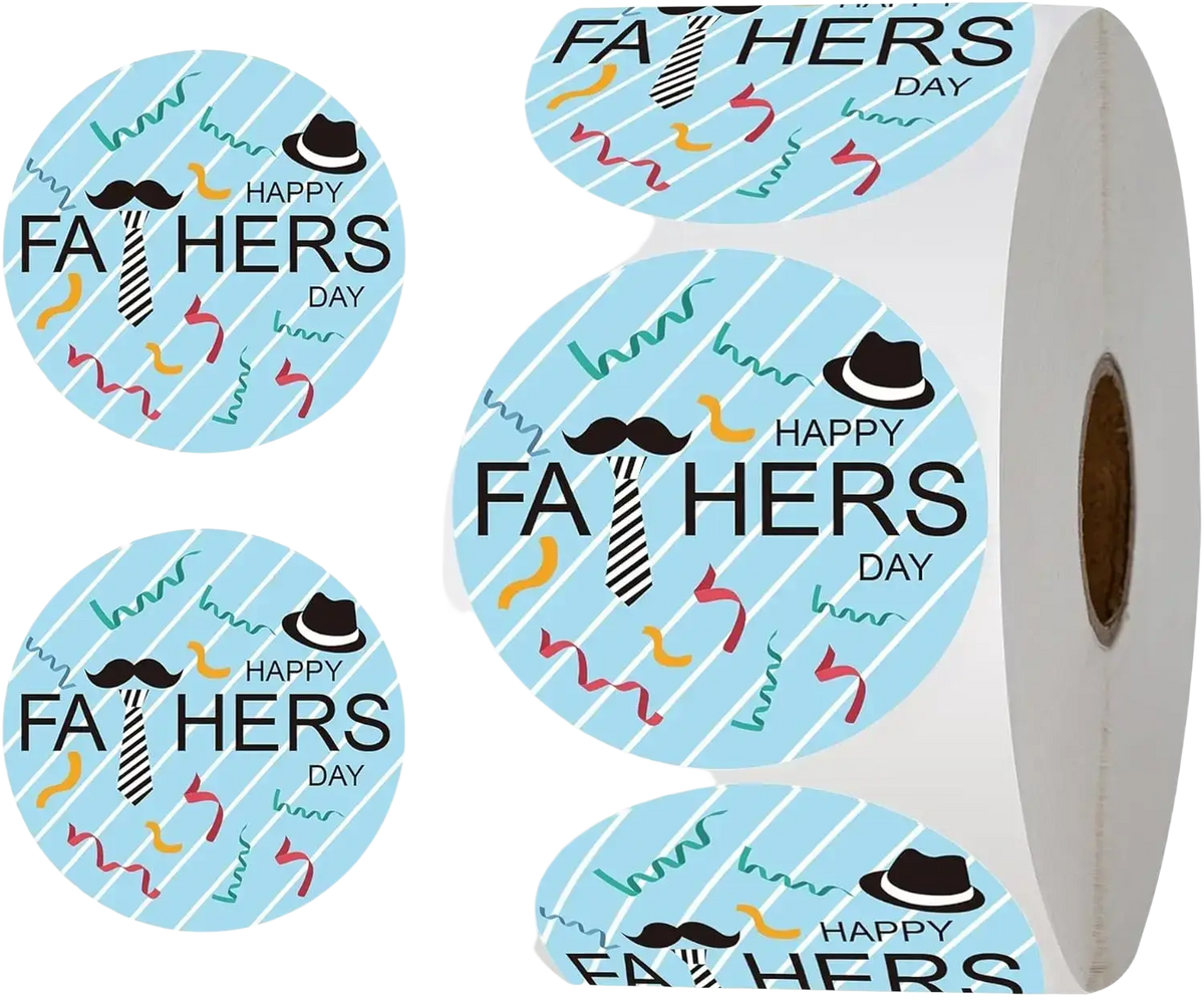 Light blue circular fathers day gift stickers roll with black text fedora hat and striped tie design