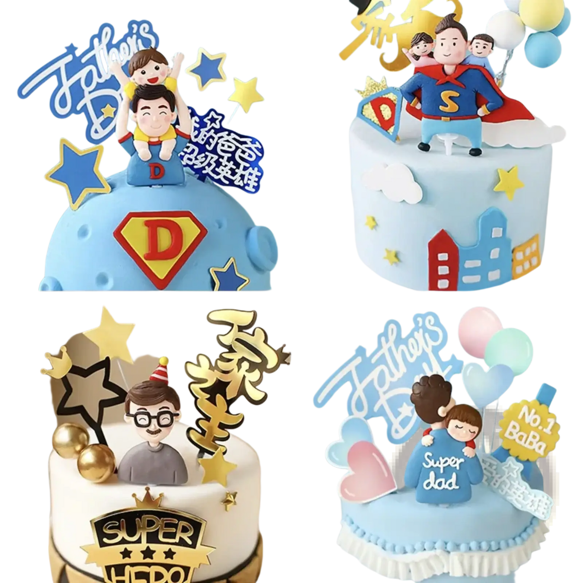 Blue silicone superhero family cake decor featuring a cartoon father in red and blue costume with yellow S emblem on planet base