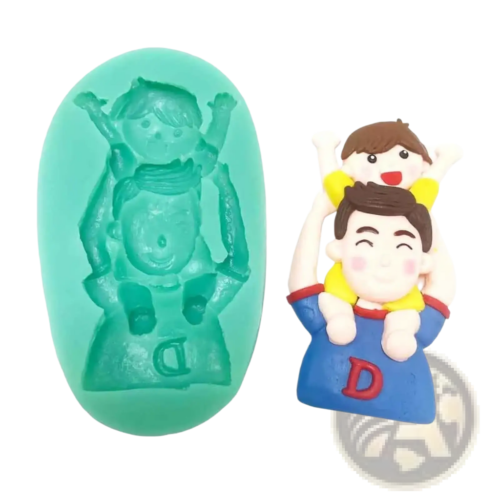 Blue and yellow silicone mold of cartoon-style father and child with red d for father’s day superhero cake decor