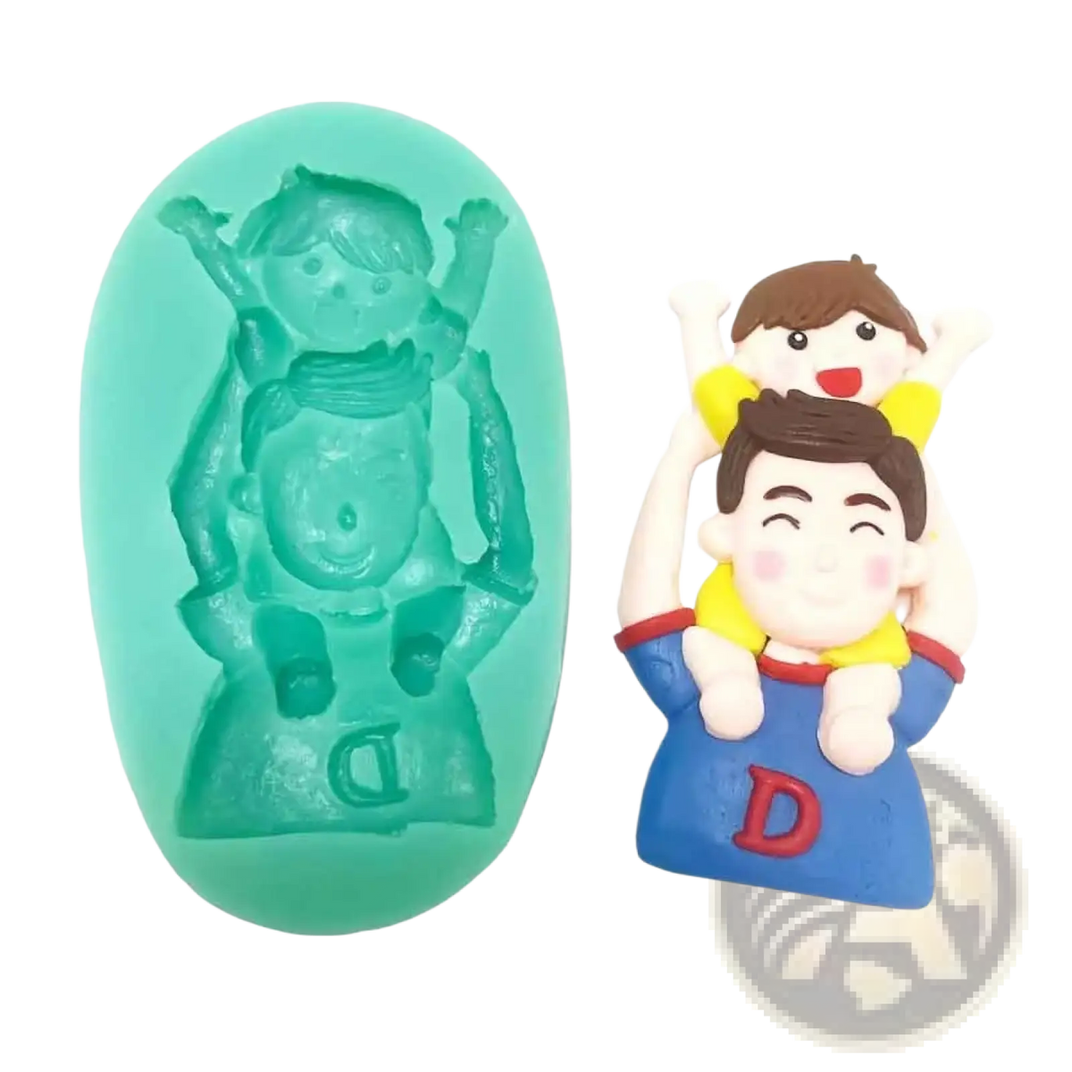 Blue and yellow silicone mold of cartoon-style father and child with red d for father’s day superhero cake decor
