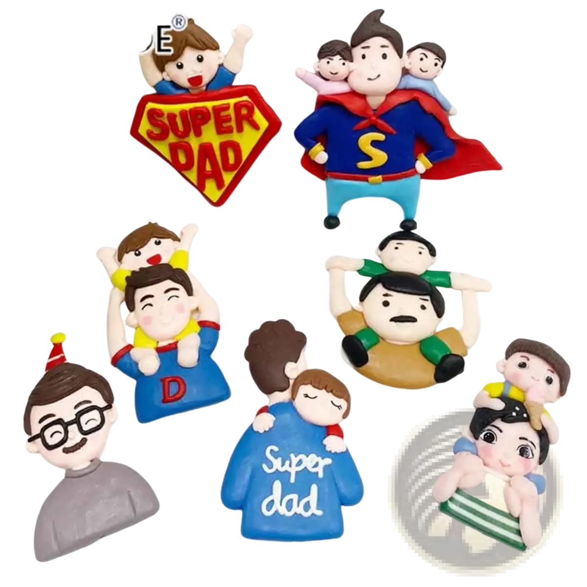 Colorful handcrafted polymer clay fridge magnets featuring cartoon dads in playful poses with children for fathers day cake decor