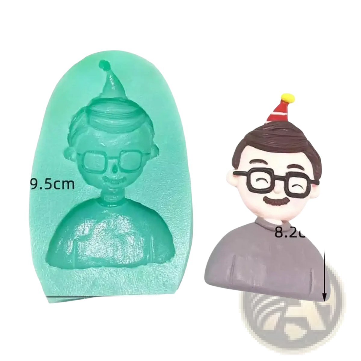 Teal silicone mold shaped like a cartoon man with glasses and party hat for Father’s Day superhero family cake decor