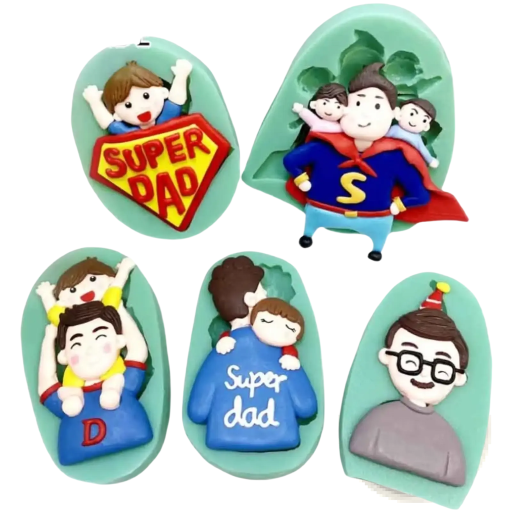 Riomade silicone molds with vibrant superhero-themed father figures for father’s day cake decor