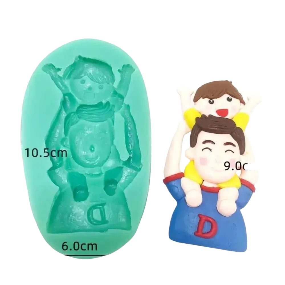 Teal silicone mold shaped like a father carrying a child with the letter d embossed for Father’s Day cake decor