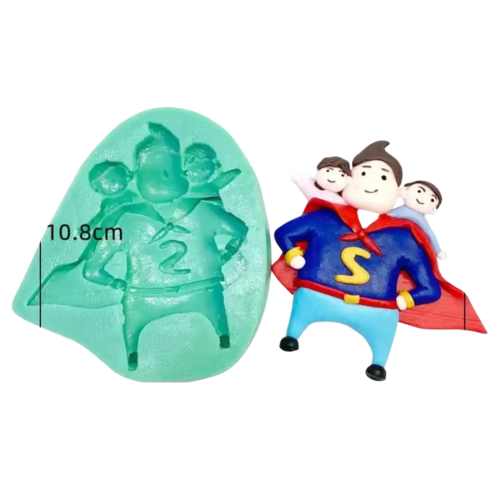 Father’s Day silicone mold in teal shaped like a superhero family with blue suit red cape and yellow s emblem