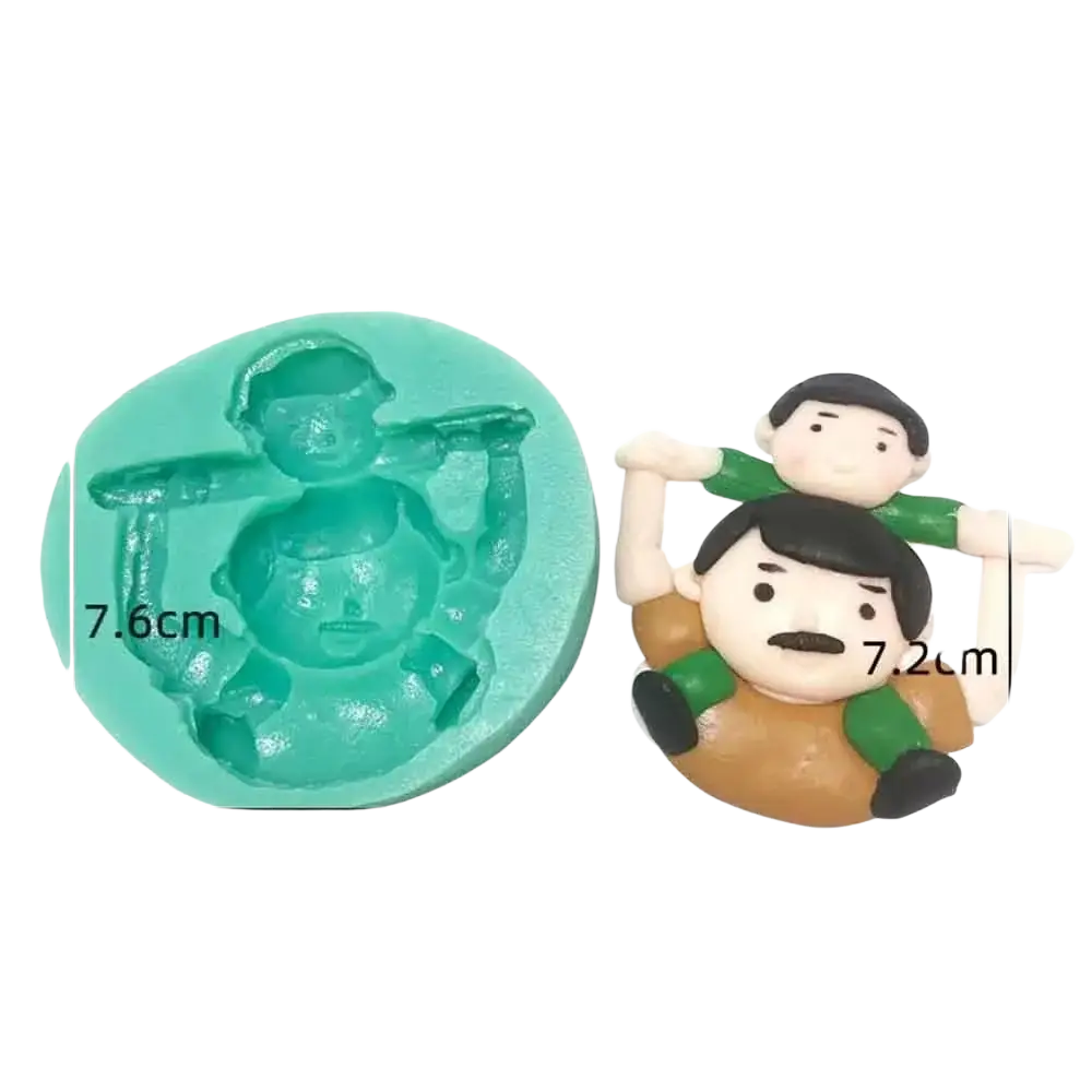 Teal silicone mold featuring two cartoon figures with one carrying the other for fathers day superhero cake decor