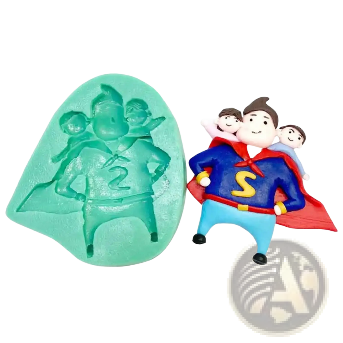 A teal silicone mold shaped like a superhero family with the number 2 and its colorful polymer clay casting for father’s day cake decor
