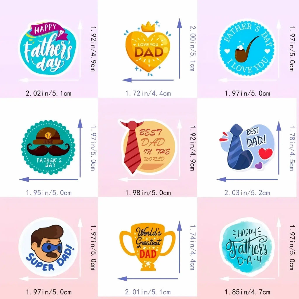 A colorful collection of 50 circular father’s day stickers featuring designs like crown tie pipe mustache and trophy