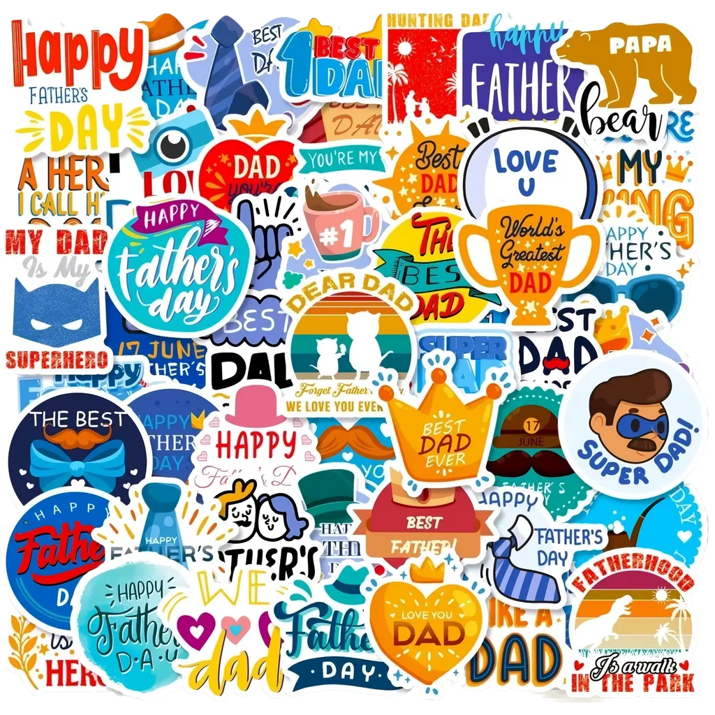 Father’s Day stickers 50 pack featuring colorful designs, playful fonts, and cheerful dad-themed graphics